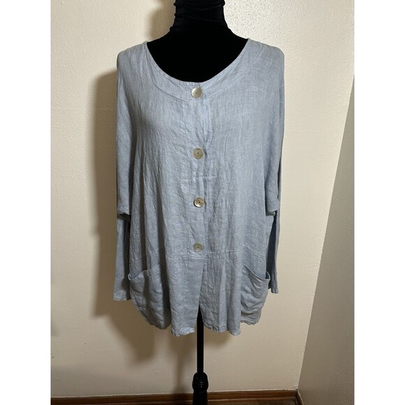 Luca Vanucci Lagenlook Button Front Blouse Linen Pockets Light Blue Size Large - Picture 1 of 10